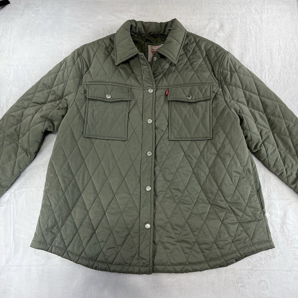 Levis Women L Sage Green Quilted Bomber Jacket Casual Outdoor Zip Snap Coat